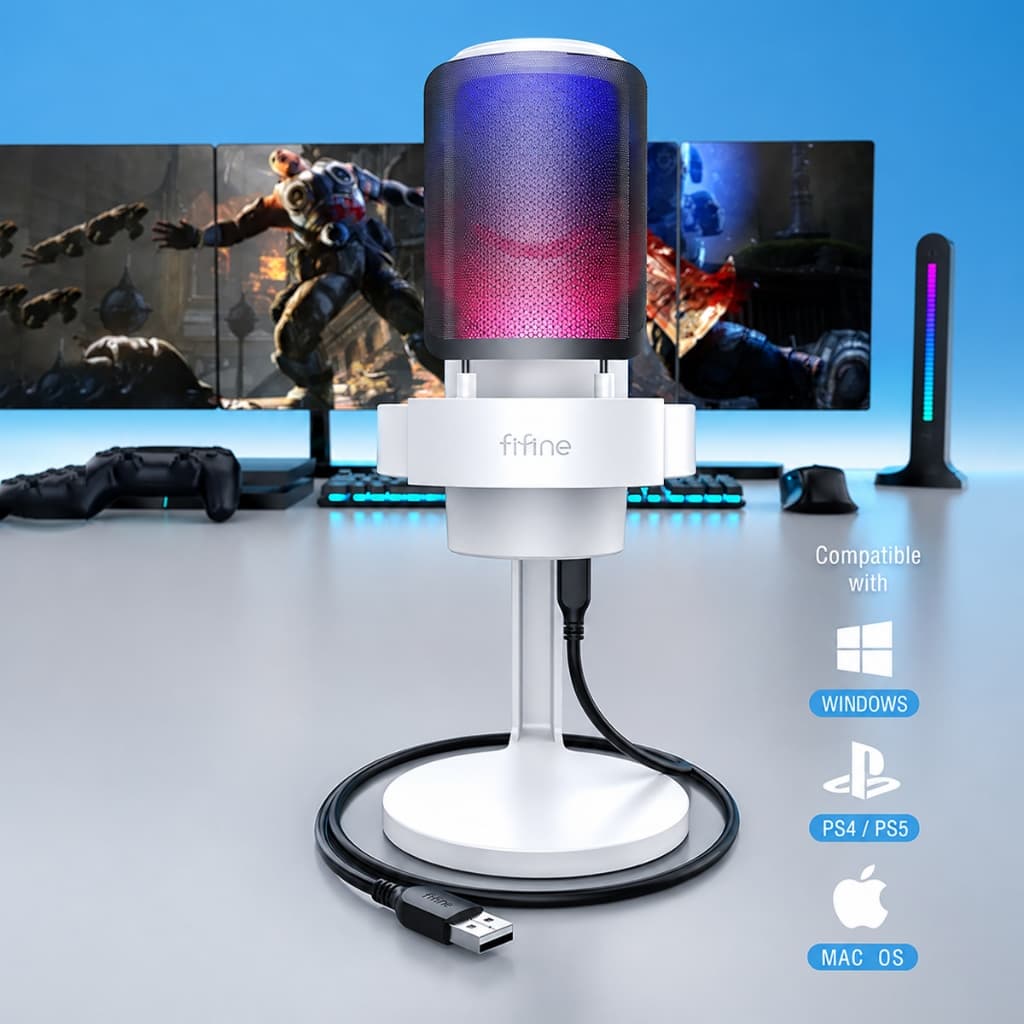 Microfone Gamer Fifine Com Fio Usb C Led Rgb Condensador Cardioide Touch Para PC/Mac PS4 PS5 Streaming Podcast A8 Branco