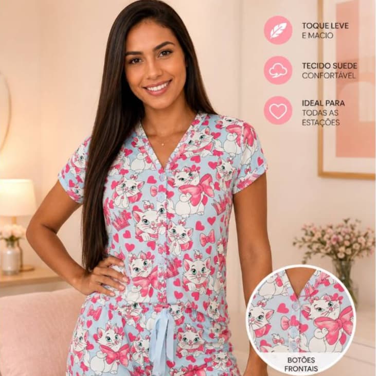Baby Doll Pijama Feminino Estampado Americano Botões Amamentação Pós parto Pós Cirúrgico