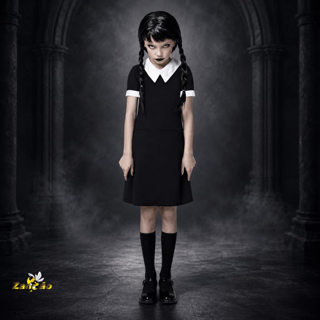 Fantasia Wandinha Infantil Menina Vestido Preto Halloween