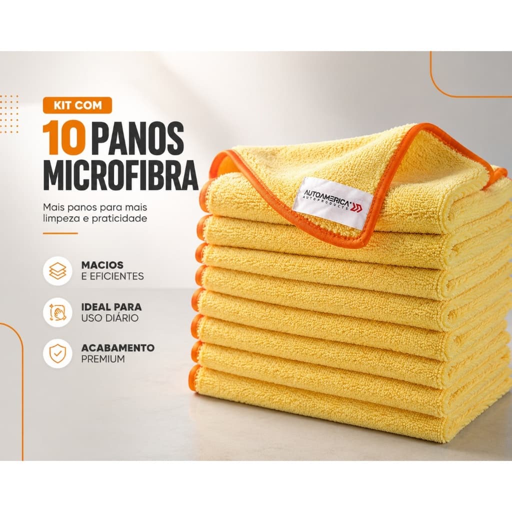 Pano de Microfibra Automotiva Autoamerica 40x60cm Kit 10 Amarelo Premium 350GSM Cera e Vidros