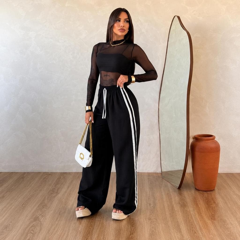 Calça Pantalona Feminina com Listras Laterais Tecido Duna Moda Elegante