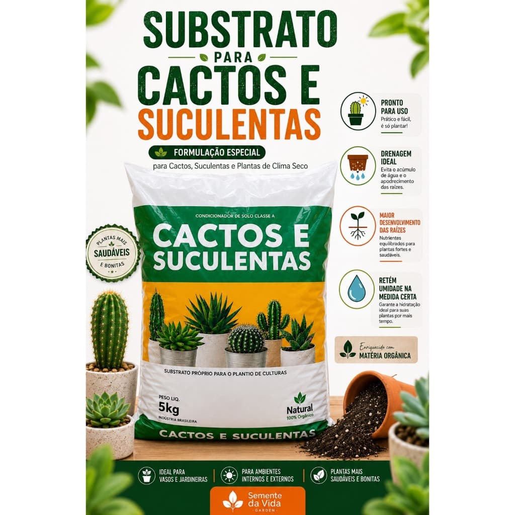 Substrato para Cactos e Suculentas 5kg Terra Preparada Adubada Pronta para Uso Plantio Vasos e Jardim