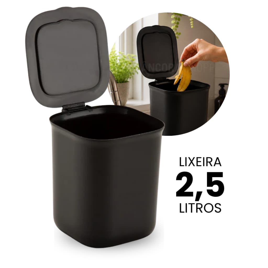 Lixeira Para Pia De Cozinha 2,5 Litros Preta Cestinho de Lixo para Cozinha Compacto Lixinho de Pia
