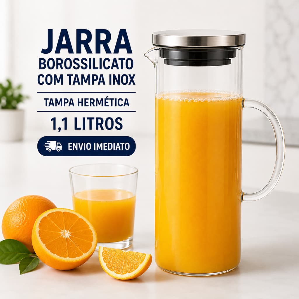 Jarra Luxo Vidro Borossilicato 1,1 L C/ Tampa Inox Vedação Hermética Sucos Água