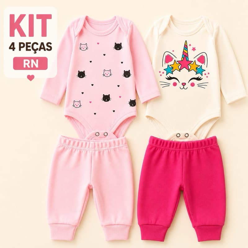 Kit 4 Peças RN (2 Body Manga Longa + 2 Calças) Menina Bebê - 4 Peças Algodão Enxoval Recém Nascido