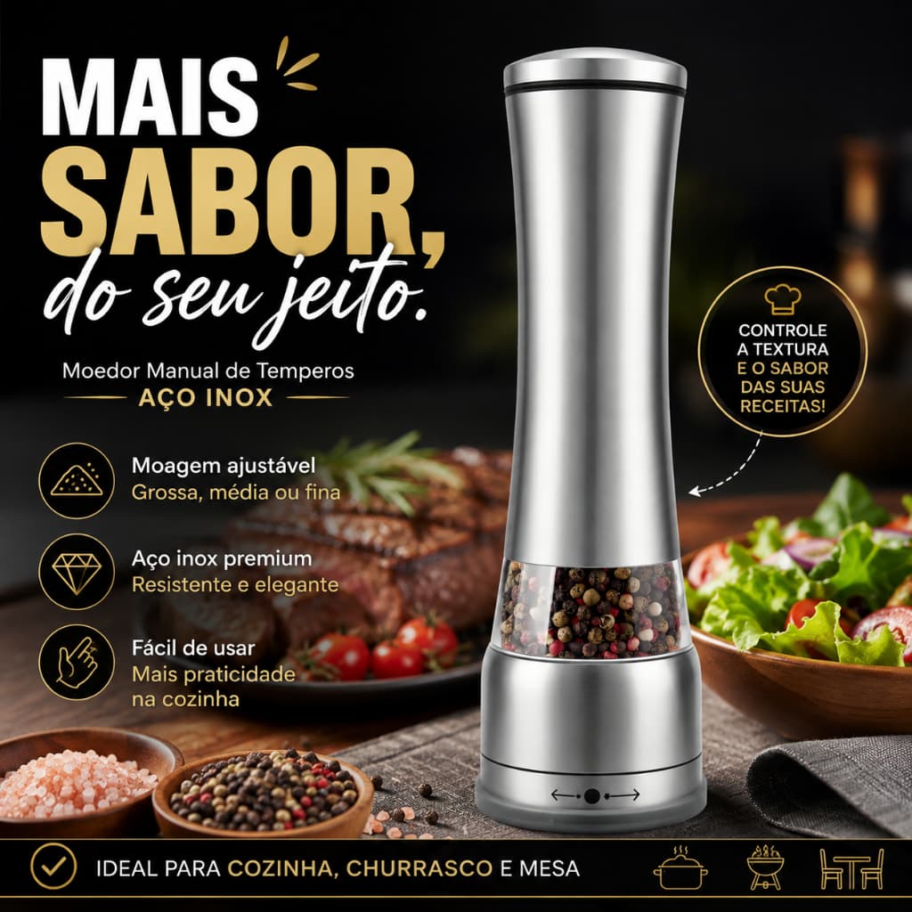 Moedor Manual de Sal Grosso e Pimenta Aço Inox Moinho de Cerâmica Regulável