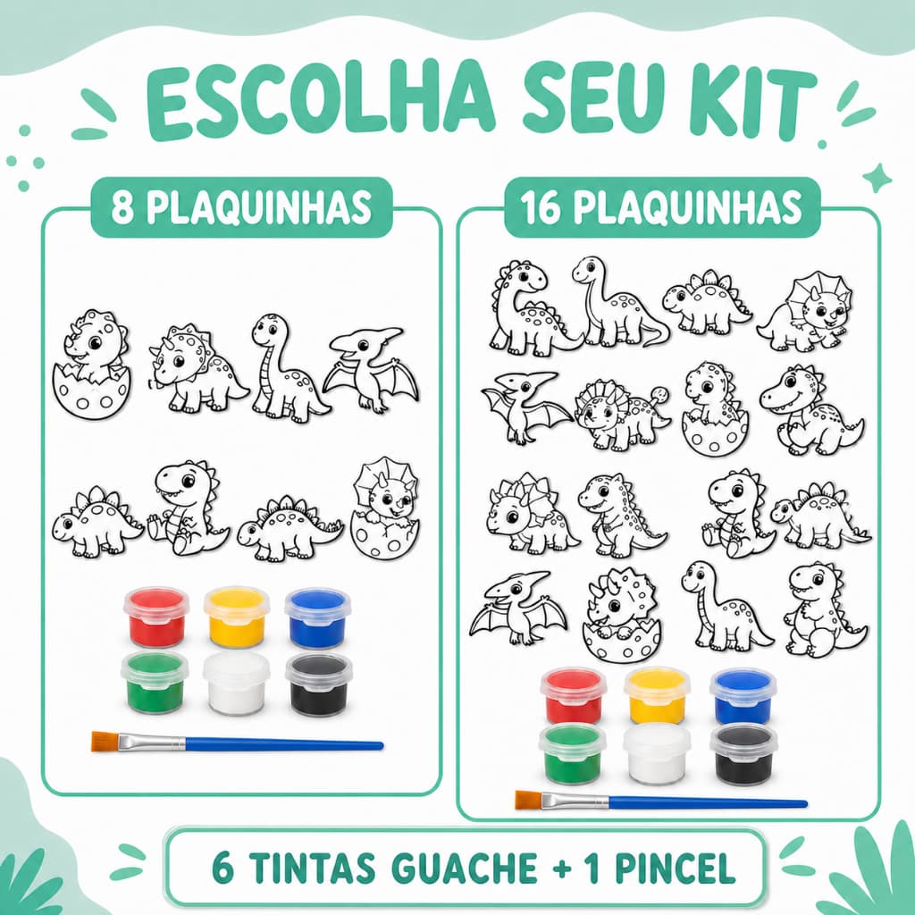 Kit Dinossauro Infantil para Pintar 8 ou 16 Plaquinhas + 6 Tintas Guache e Pincel