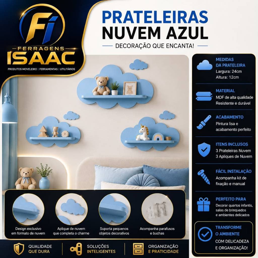 kit trio de Prateleira Azul ou Rosa Modelo Nuvem infantil Decoração Quarto e Sala