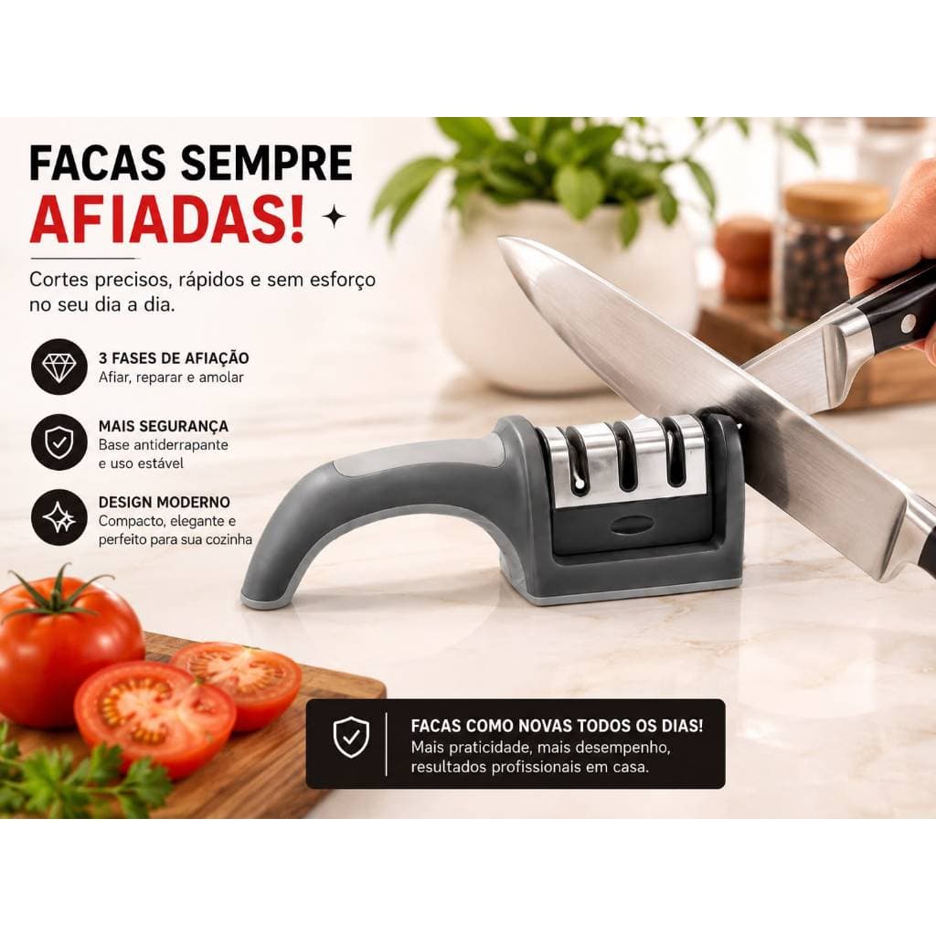 Afiador de Facas e Tesouras 3 em 1 Amolador de Facas Manual 3 Estágios Afiador para Cozinha Cabo Ergonômico