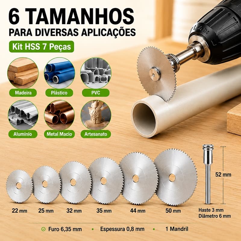 Kit 7 Peças Lâminas de Serra Circular HSS 22-50mm com Mandril para Mini Retífica