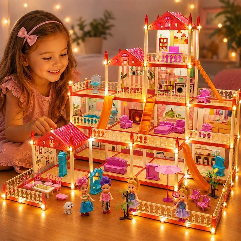 Casa de Bonecas Villa de Luxo 14, 17 ou 18 Quartos com 4 Bonecas Brinquedo Infantil DIY