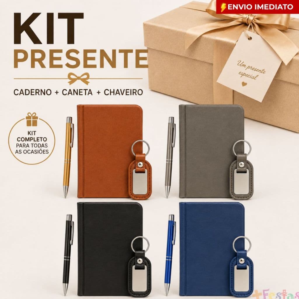 Kit Presente Escritório Caderno + Caneta + Chaveiro Lembrança Aniversário Trabalho