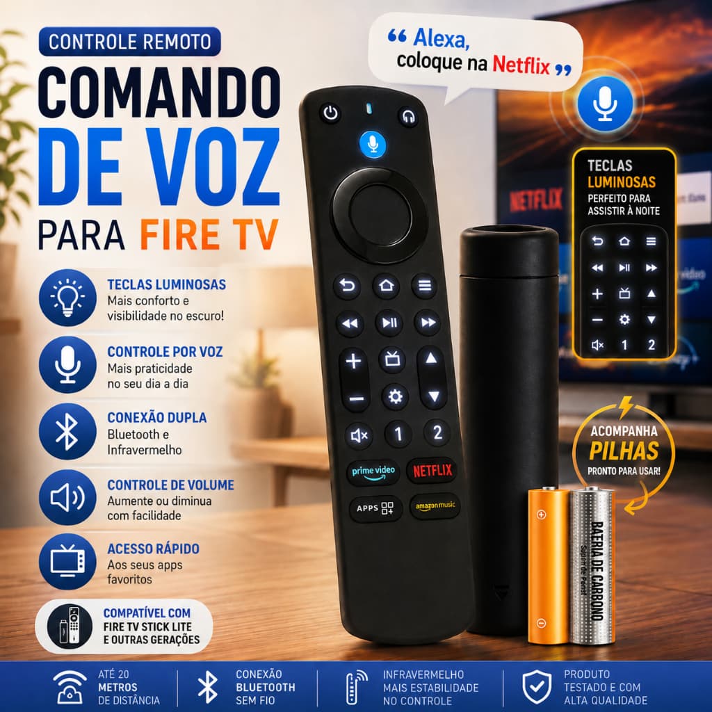 Controle Remoto para Fire TV Stick Lite 4K Max 2ª 3ª Geração Comando por Voz teclas Iluminadas