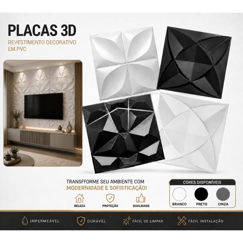 Kit 5|10|30 Placas 3D PVC Para Parede Decoração Auto Relevo 25x25cm Com Fita Dupla Face