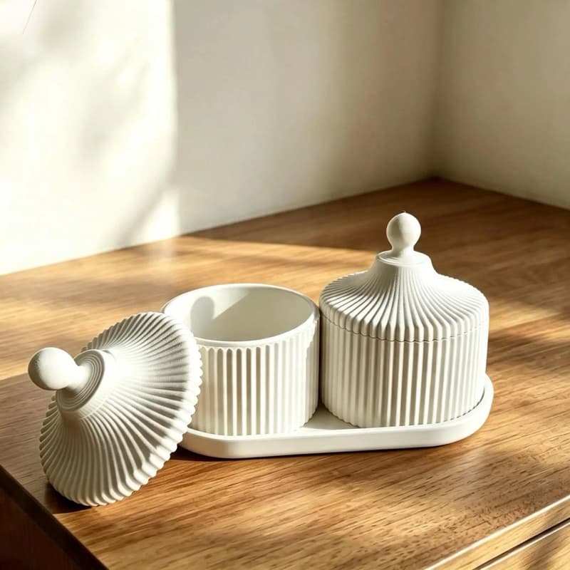 Kit Organizador Multiuso 3 Peças para Cozinha Banheiro Lavabo 2 Potes Canelados com Bandeja Decorativa