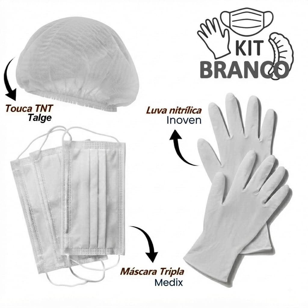 Kit Luva Nitrílica + Máscara + Touca Branca Descartável TNT com ANVISA NITRILO