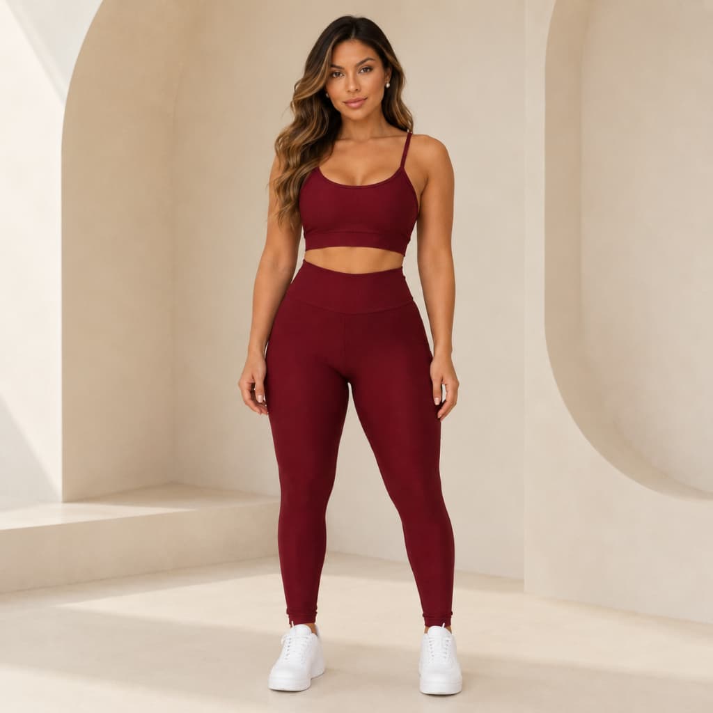 Conjunto Fitness Bordo Top e Calça Legging Academia Feminino Tecido Premium Para Treino
