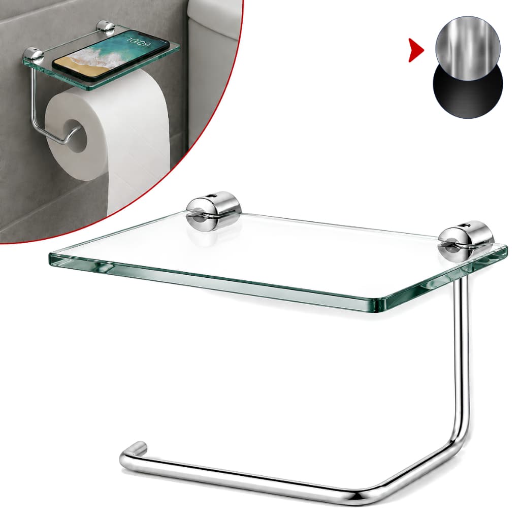 Porta Papel Higiênico com Prateleira para Celular Vidro 6mm Parede Cromado Preto Fosco