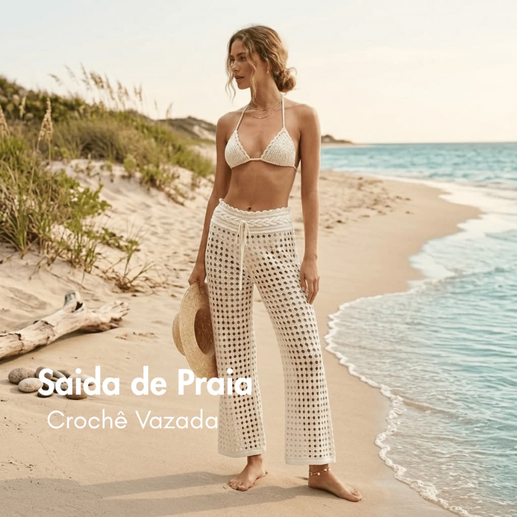 Calça Feminina Saída de Praia em Tricô Vazado Cintura Alta com Cordão Moda Verão