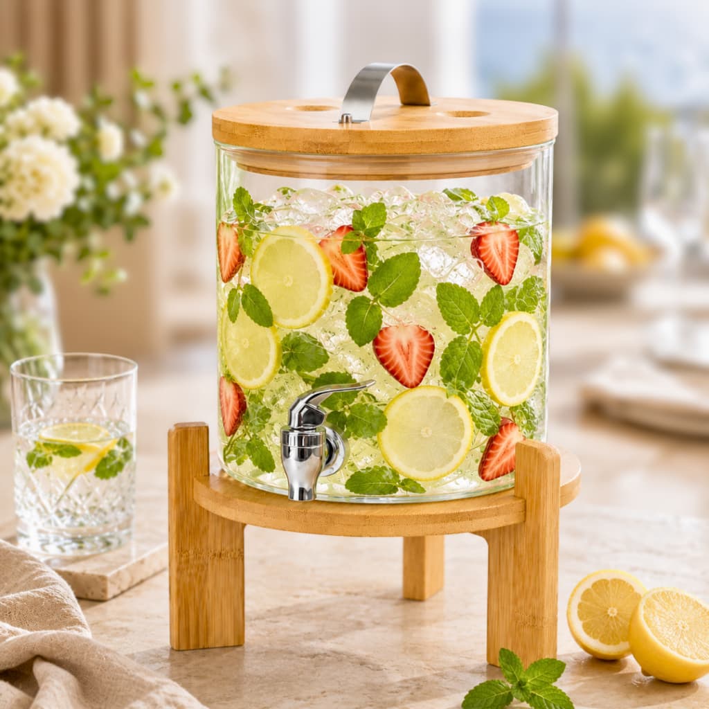 Suqueira de Vidro 5 Litros Com Suporte E Tampa Bambu Torneira Inox Dispenser Bebidas