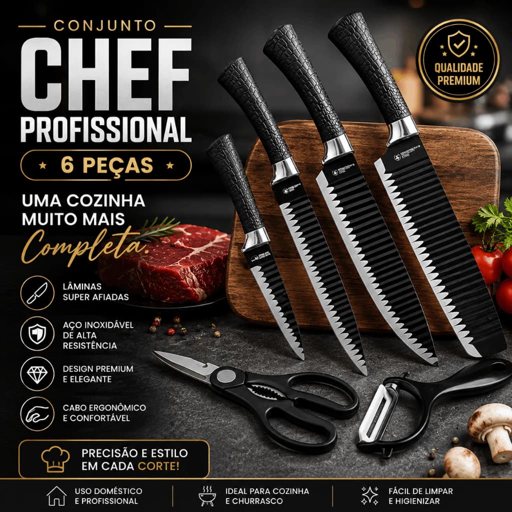 Jogo de Facas Profissional 6 Peças Aço Inox Kit Chef para Cozinha Churrasco com Tesoura e Descascador