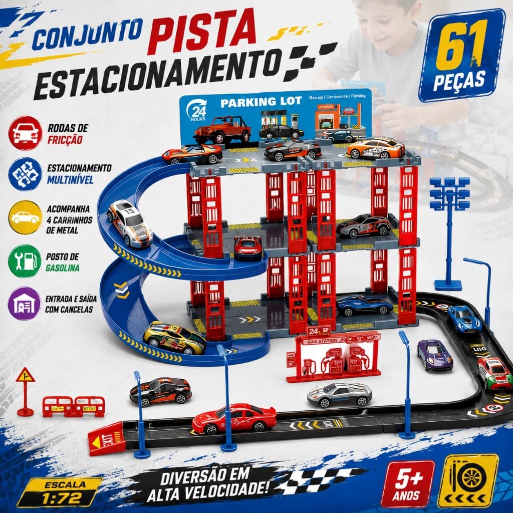 Conjunto Pista Estacionamento Infantil 61 Peças Com 4 Carrinhos de Metal 1:72