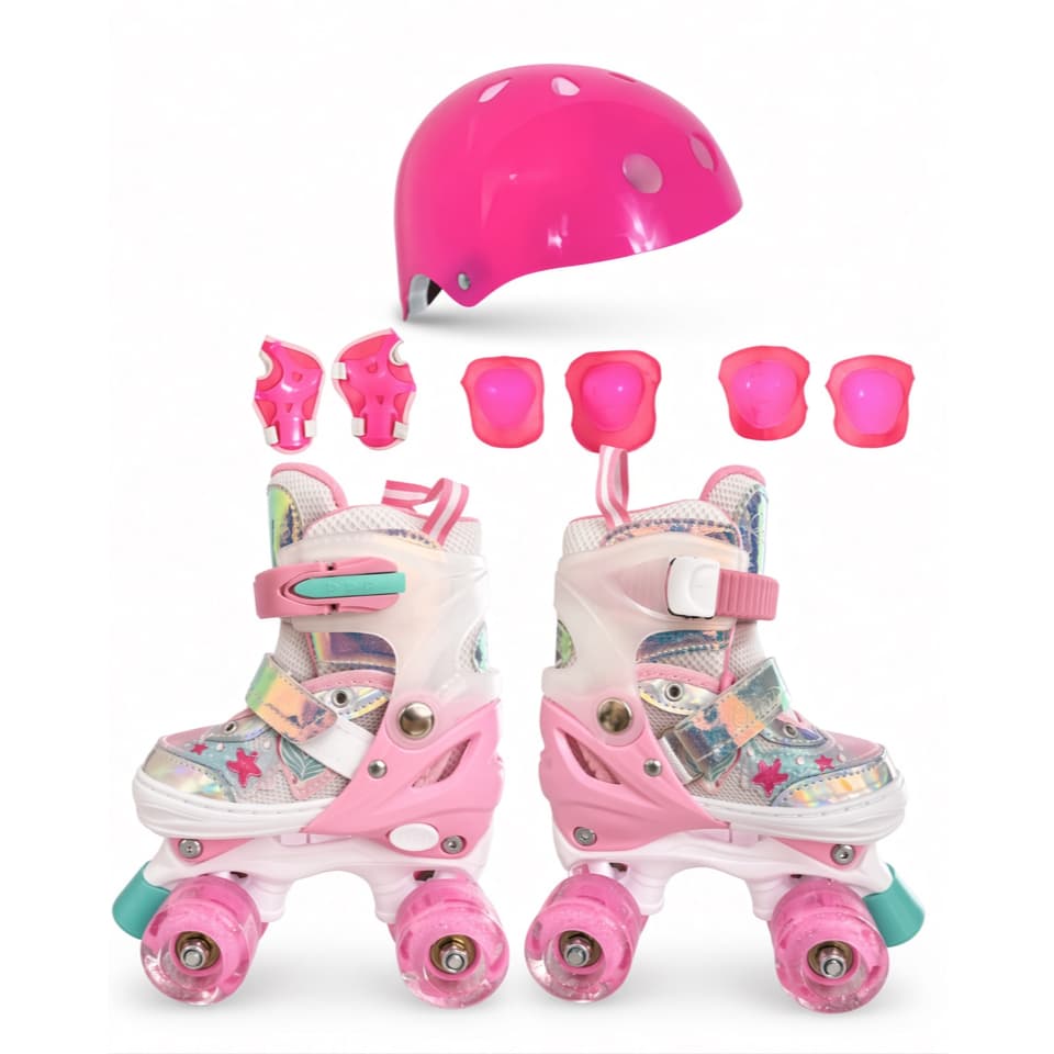 Patins ROLLER infantis arco-iris de 4 rodas com luzes LED e piscantes, modelo PREMIUM