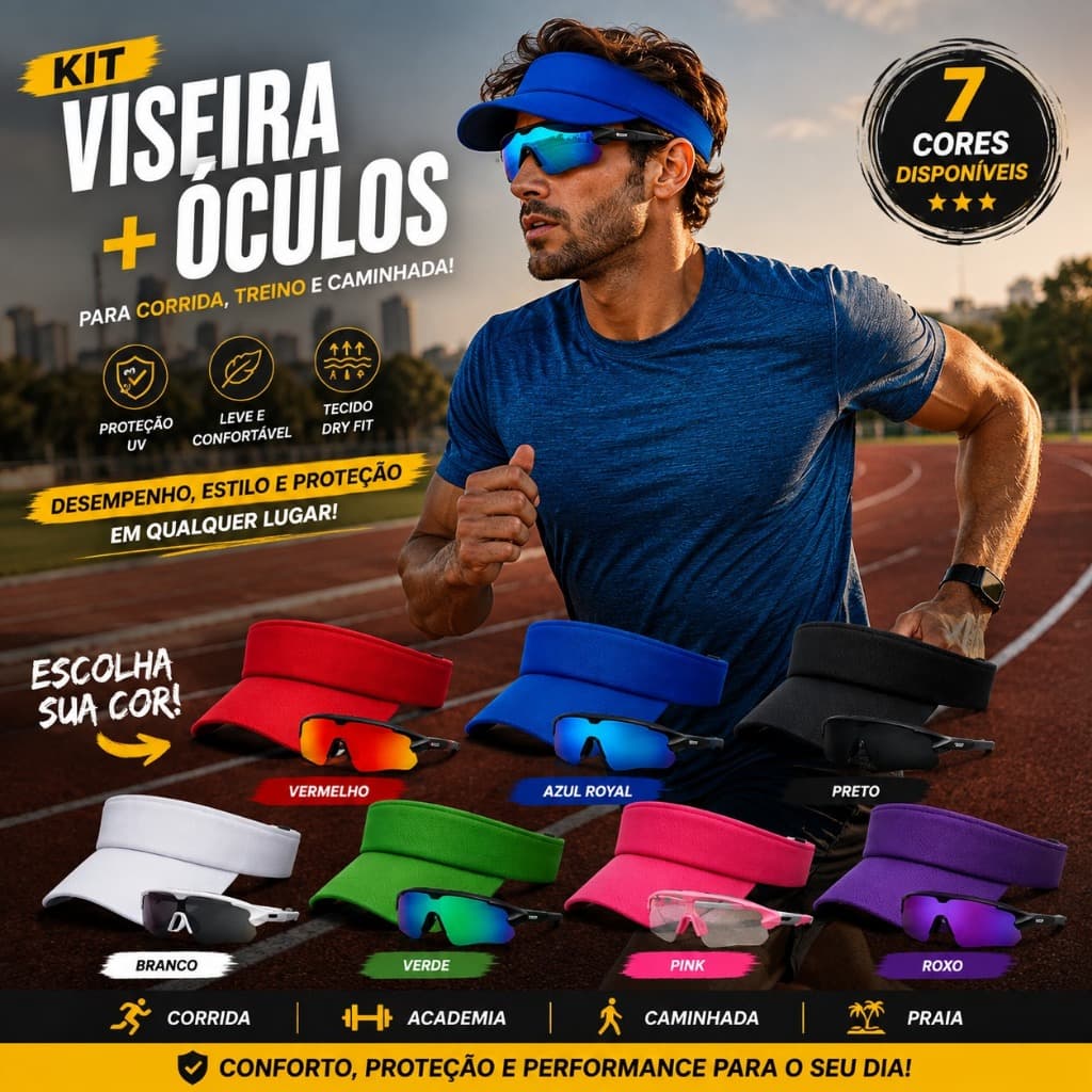 Kit Viseira Ajustável Lisa Esportiva + Oculos de Ciclismo Proteção UV400 Lente Espelhado
