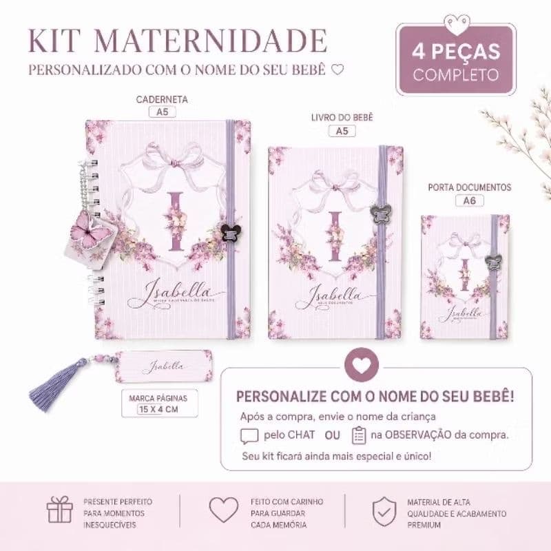 Kit Maternidade Personalizado Bebê Menina Caderneta Saúde A5 Livro Bebê Porta Documentos A6 Marca Página