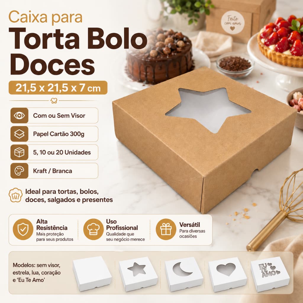 Caixa para Torta Bolo Doces 21,5x21,5x7cm com ou sem Visor Kraft/Branca