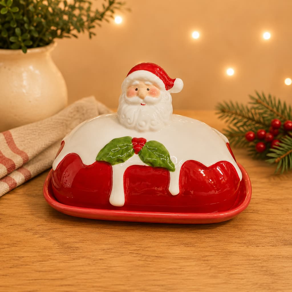 Manteigueira De Porcelana Natal Papai Noel Decoração Mesa Posta | Pronta Entrega