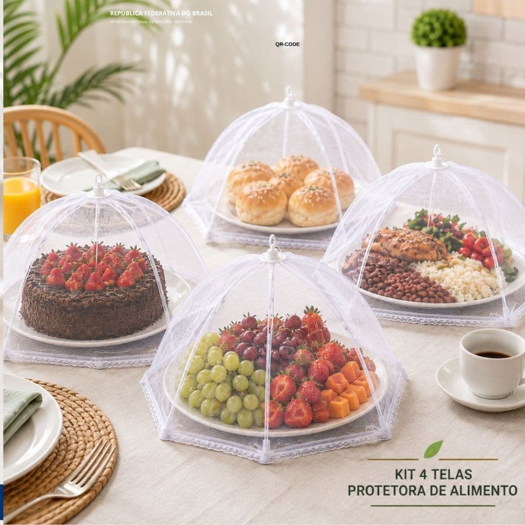 Kit 4 Telas Protetoras 32cm Alimentos Anti Insetos Utensílios de Cozinha
