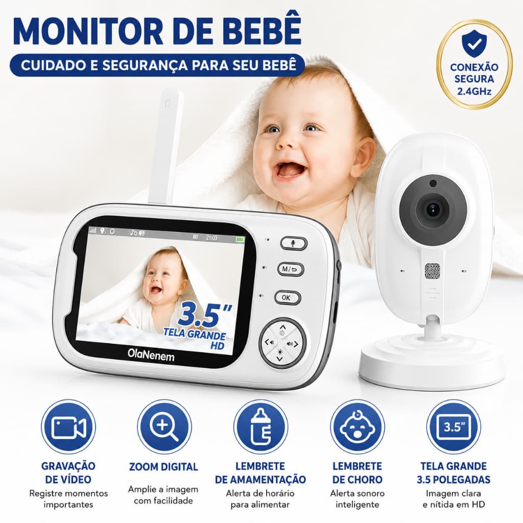 Babá Eletrônica Tela HD 3,5" Visão Noturna Gravação de Vídeo Áudio Bidirecional Alerta de Choro Alarme de Temperatura