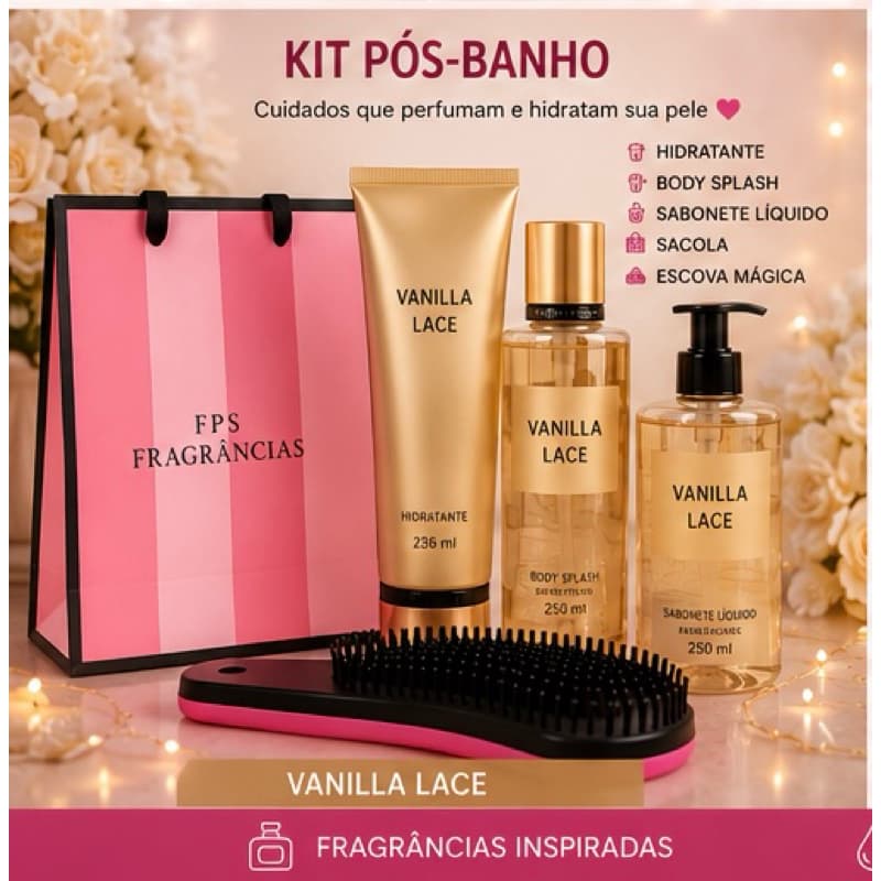 Kit Pós banho- Hidratante Body Splash Sabonete Líquido Escova e Sacola Presente
