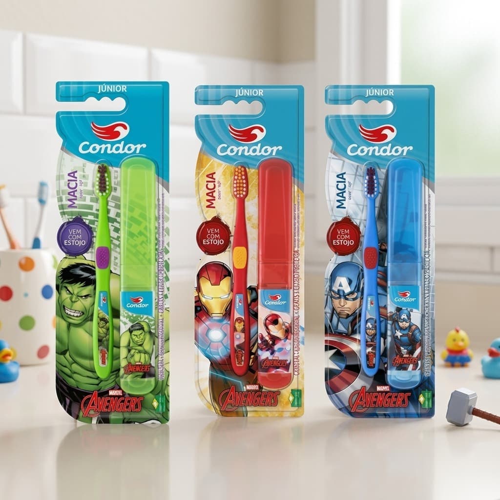Escova Dental Condor Júnior Avengers com creme dental e escova Hulk - Capitão América - Homem de ferro