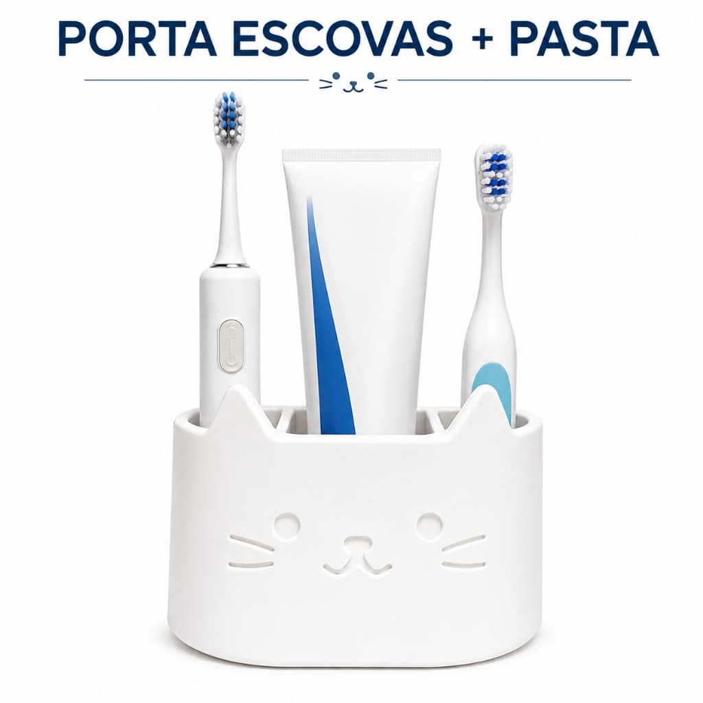 Porta Escova de Dente e Pasta Organizador de Banheiro Gatinho 3 Divisórias
