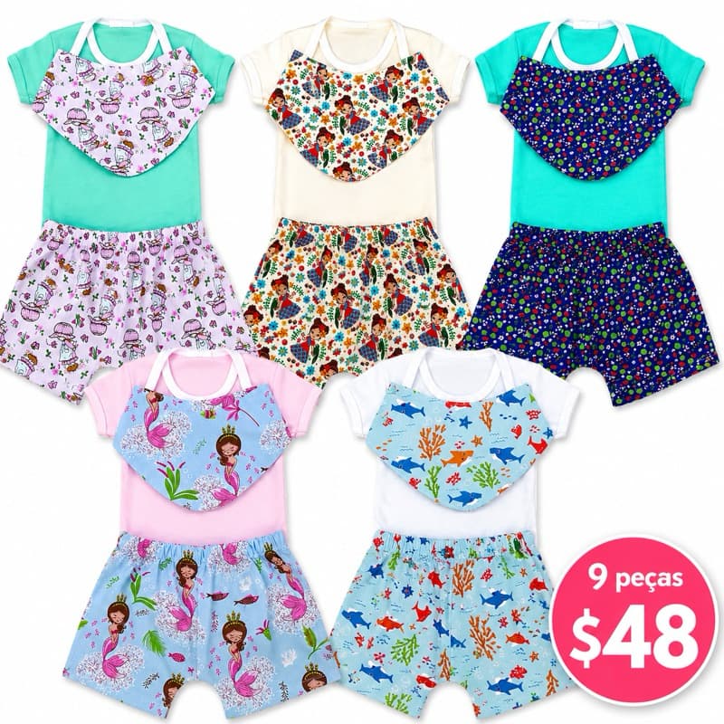Kit Bebê 9 Peças 38. Body + Short + Babador Estampado Menino e Menina