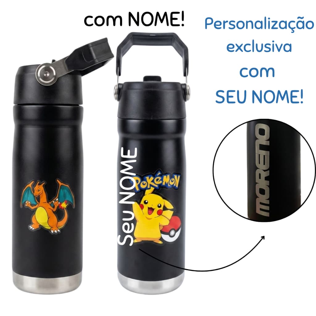 Garrafa Personalizada Com Seu NOME Com BICO Pokémon Pikachu Charizard Térmica Trava de Segurança 650ml INOX escolar