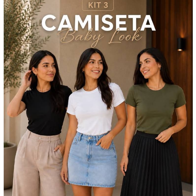 Kit 3 Blusa Feminina Baby Look Lisa T-Shirts 100% Algodão Camiseta Basica