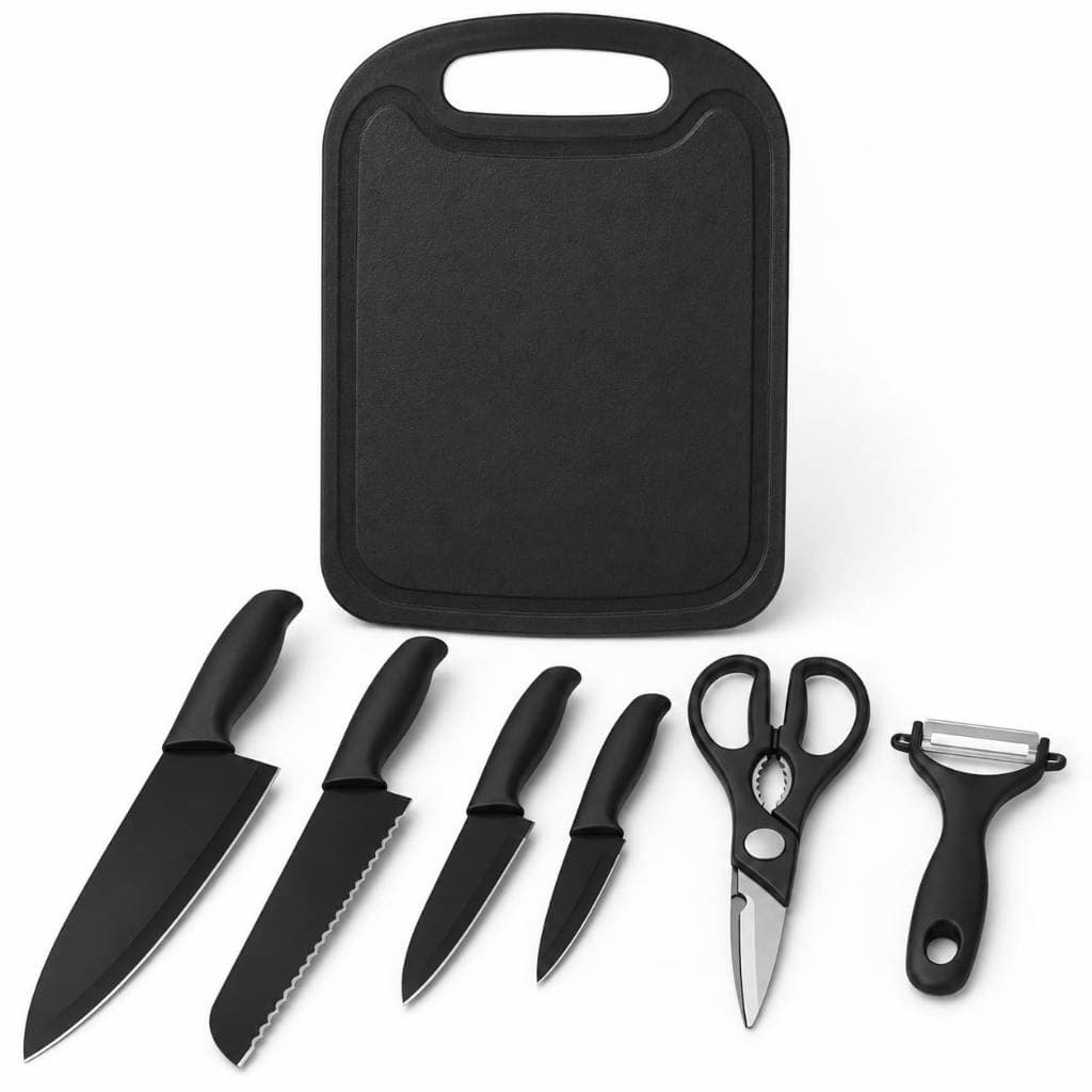 Jogo De Facas Cozinha Aço Inox Preto Com Tábua De Corte Tesoura Descascador Bazik MD-12277