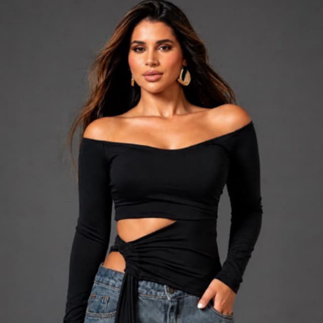 Blusa Feminina Manga Longa Cropped Ombro a Ombro Transpassada com Amarração | Moda Feminina