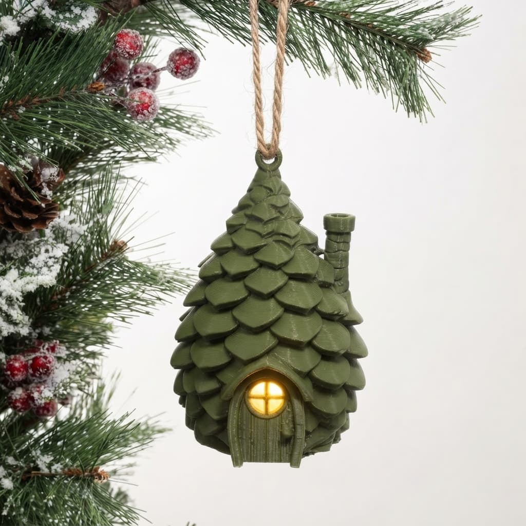 Casinha de Fada Natalina Pinha com LED a Pilha Enfeite para Árvore de Natal Decoração Natal Mágica Luminosa
