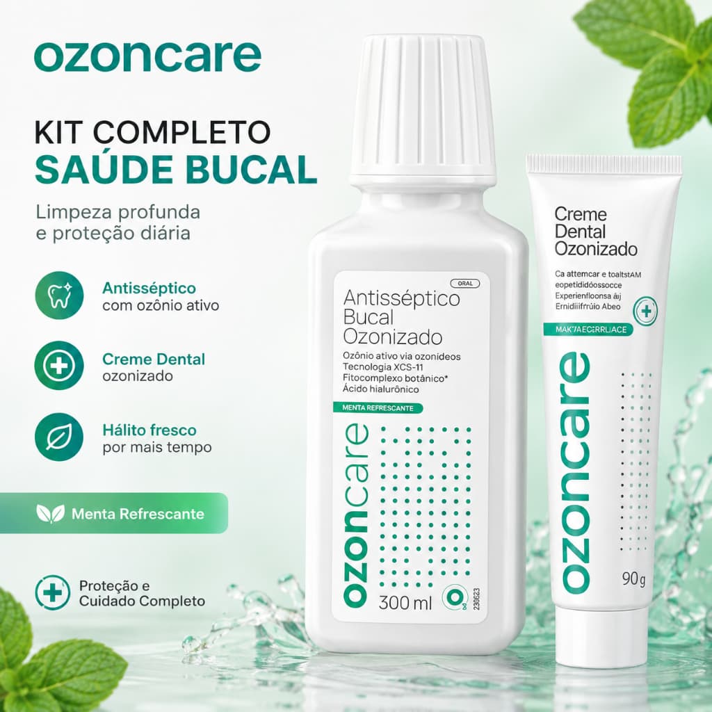 Creme Dental Ozonizado + Enxaguante Antisséptico Bucal Ozoncare Dente Sensível Natural Vegano Sem Flúor