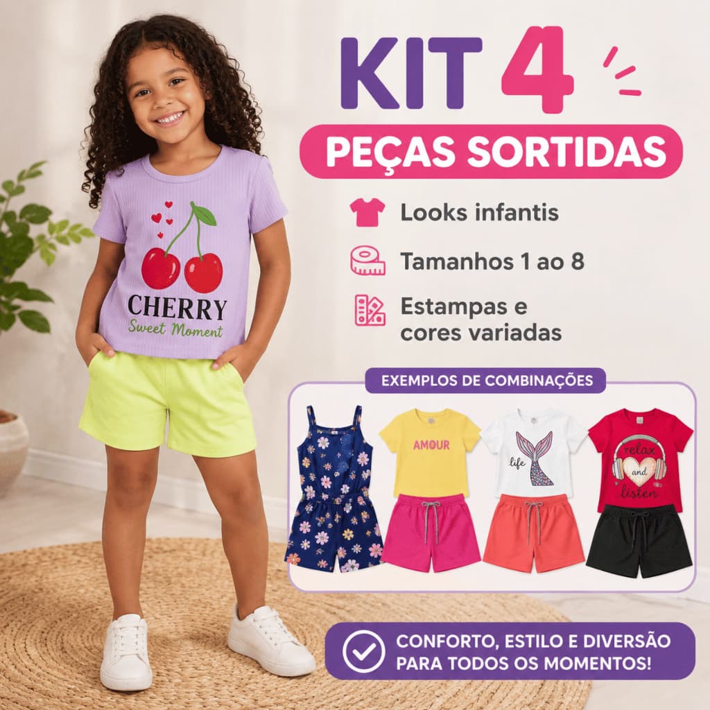 Kit 4 Peças Roupa Infantil Menina Conjunto Feminino Verão Camiseta Shorts Sortidos Estampados 1 ao 8