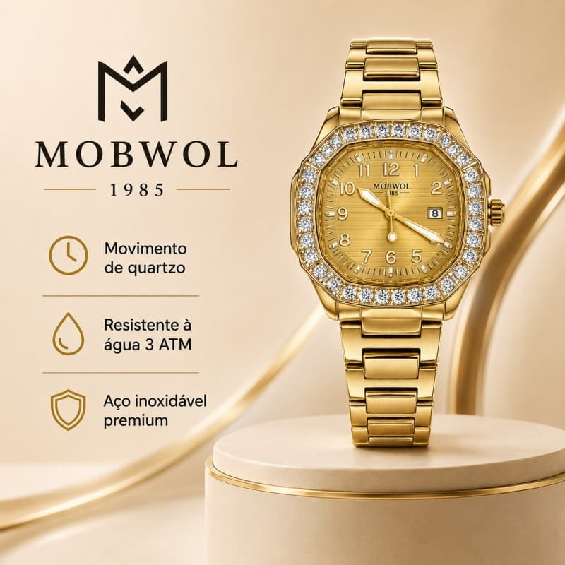 MOBWOL Relogio Masculino Premium Luxo Quartzo Analógico Aço Inox Pulseira Metálica Cristais Calendário