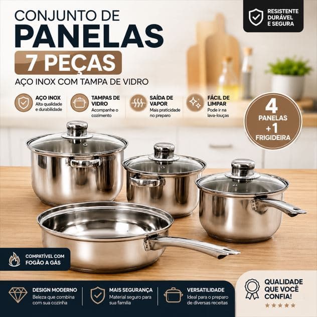 Conjunto de Panelas 7 Peças Inox com Tampa de Vidro Jogo de Panelas Conjunto para Cozinha