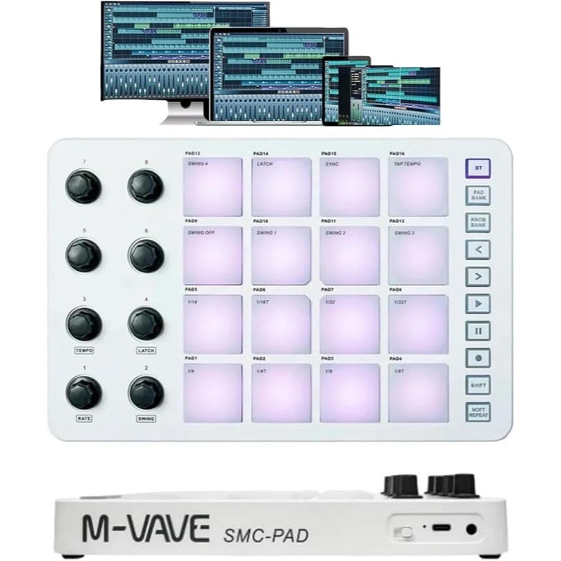 Teclado MIDI Sem Fio M-Vave SMC-PAD 16 Pads Branco Conexão BT Integrada