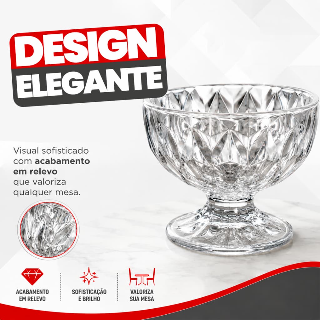 Kit 6 ou 12 Taças de Sobremesa 270ml Vidro Diamante Transparente para Sorvete Mousse Açaí Salada de Frutas