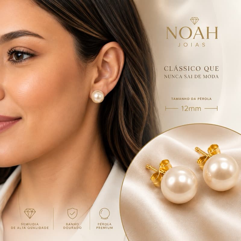 Brinco Pérola 12mm Noah Joias Feminino Dourado Semijoia Pérola