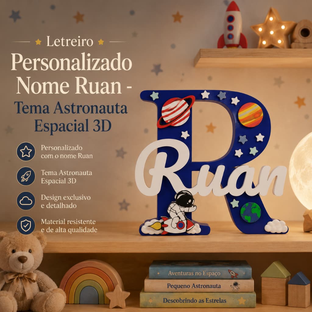 Letreiro Personalizado Nome Ruan - Tema Astronauta Espacial 3D